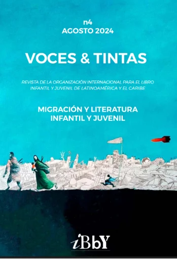 Portada de Voces & Tintas número 4, Migración y literatura infantil y juvenil, con figuras caminando sobre un paisaje de ruinas