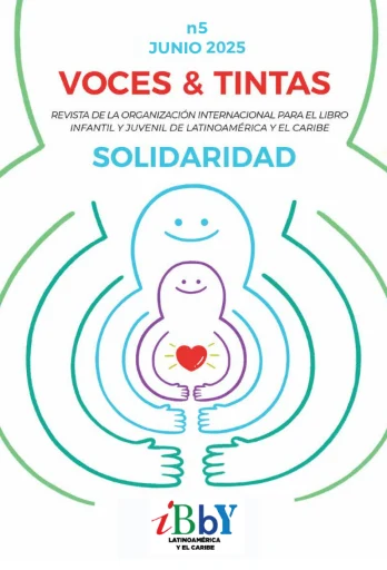 Portada de Voces & Tintas número 5, Solidaridad, con figuras que se abrazan en líneas de colores
